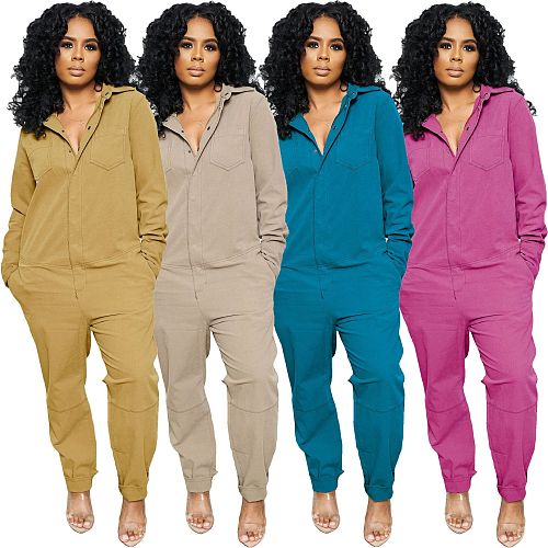 Fall Style Solid Color Long Sleeve Fixtures Straight Cut Jumpsuit AIL-110