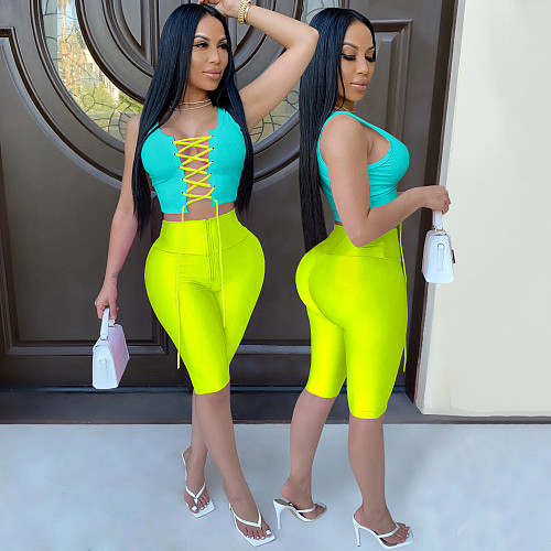 Sexy Contrast Color Tight Band Hollowed-out Vest Shorts Two-piece Set BY-3620