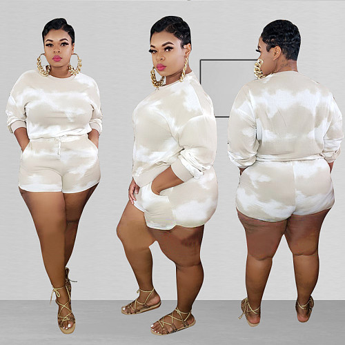 Plus-Size Tie-Dye Printed Long Sleeve Blouse And Shorts Two-piece Set OSS-20782