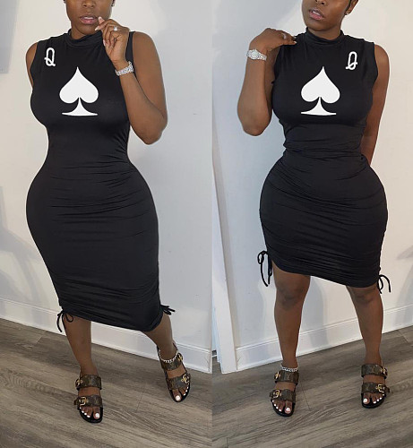 Poker Print Sleeveless Drawstring Mid-Length Dress HMS-5347
