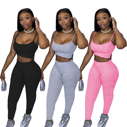 Summer Strap Sport Bra Solid Long Pants 2 Pieces Set SHD-9285