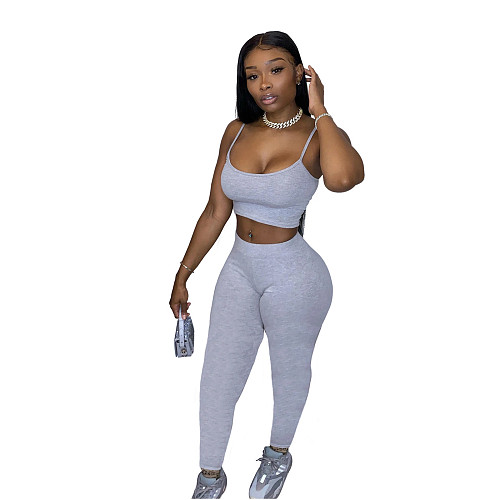 Summer Strap Sport Bra Solid Long Pants 2 Pieces Set SHD-9285