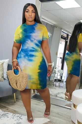 Cute Tie-dye Round Neck Short Sleeves Tight Dress FNN-8514