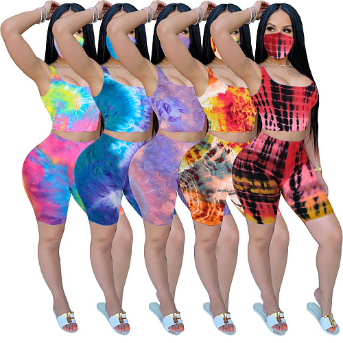 Fashion Tie-dye Round Neck Vest Shorts Two-piece Set With Mask LX-2076