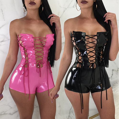 Sexy Slim Body Strapless Lace-up One-piece Leather Shorts BN-9064