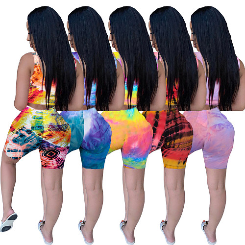 Fashion Tie-dye Round Neck Vest Shorts Two-piece Set With Mask LX-2076
