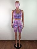 Fashion Tie-dye Round Neck Vest Shorts Two-piece Set With Mask LX-2076
