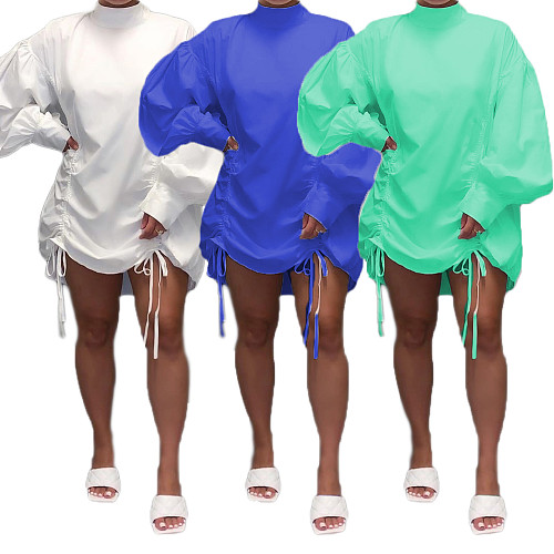 Solid Color Stand Collar Loose-Fitting Rope Shirt Skirt MK-3009