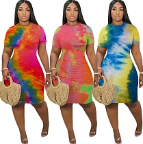 Cute Tie-dye Round Neck Short Sleeves Tight Dress FNN-8514