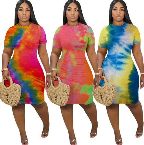 Cute Tie-dye Round Neck Short Sleeves Tight Dress FNN-8514