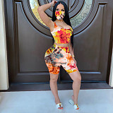 Fashion Tie-dye Round Neck Vest Shorts Two-piece Set With Mask LX-2076