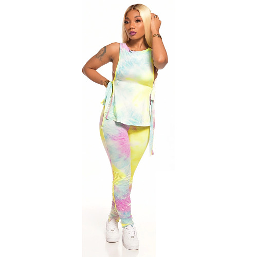 Sexy Side Tie-Dyed Vest Wrinkled Zipper Pants Two-piece Set BS-1209