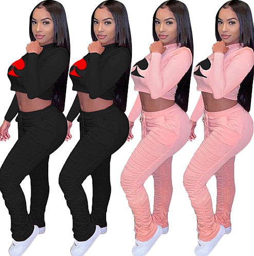 Long Sleeve Poker Printed Pleated Trousers Two-piece Set MDF-5152