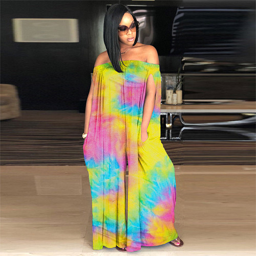 Sexy Tie-dye Printed One-line Shoulder Jumpsuit MEI-9098