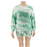 Plus-Size Tie-Dye Printed Long Sleeve Blouse And Shorts Two-piece Set OSS-20782