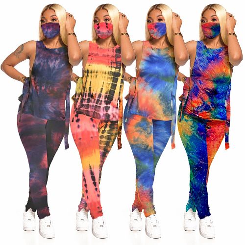 Tie-dyed Round Collar Hollowed-out Vest Trousers Two-piece Set LX-2077