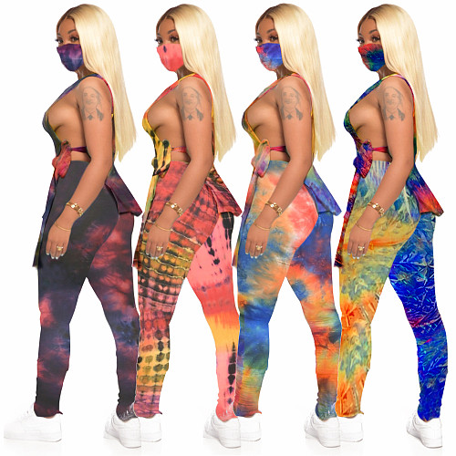 Tie-dyed Round Collar Hollowed-out Vest Trousers Two-piece Set LX-2077