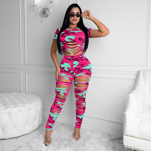 New Camo Torn Short Sleeve T-shirt Casual Pants Two pieces Set LA-3209