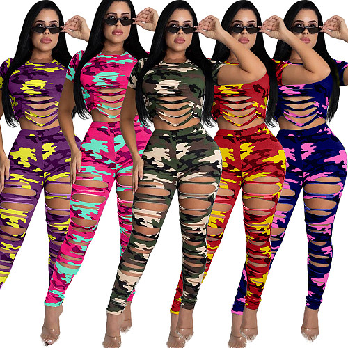 New Camo Torn Short Sleeve T-shirt Casual Pants Two pieces Set LA-3209