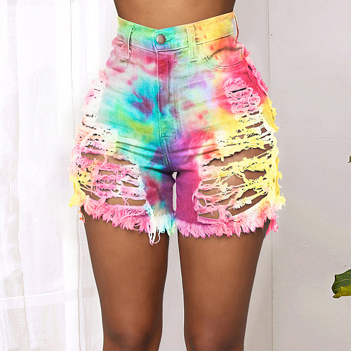 Hot Style Cut Hollowed-out Tie-dye Printed Denim Shorts SH-3846