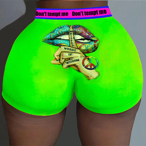Colorful Lip Gesture Print Butt Lift Tight Shorts SD-0155