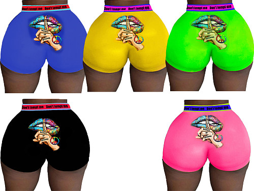 Colorful Lip Gesture Print Butt Lift Tight Shorts SD-0155
