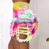 Hot Style Cut Hollowed-out Tie-dye Printed Denim Shorts SH-3846