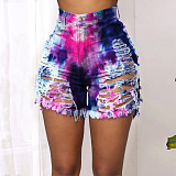 Hot Style Cut Hollowed-out Tie-dye Printed Denim Shorts SH-3846