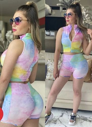 Tie-dyed Sleeveless Zipper Top Sport Shorts Two-piece Set ML-7346