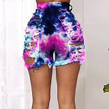 Hot Style Cut Hollowed-out Tie-dye Printed Denim Shorts SH-3846