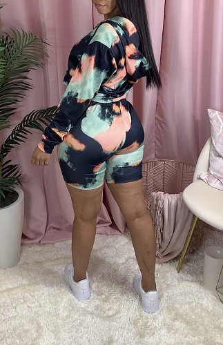 Casual Printed Long Sleeve Hooded Top Shorts Two-piece Set JH-179