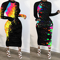 Graffiti-Printed Round Neck Long Sleeves Dress NIK-150