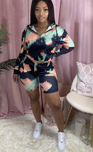Casual Printed Long Sleeve Hooded Top Shorts Two-piece Set JH-179