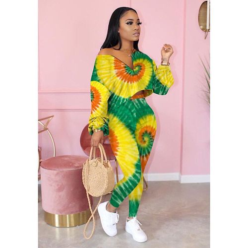 Colorful Printed Long Sleeve Pencil Pants Two-piece Set OYF-8213