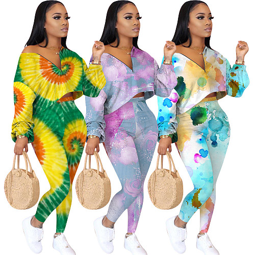 Colorful Printed Long Sleeve Pencil Pants Two-piece Set OYF-8213