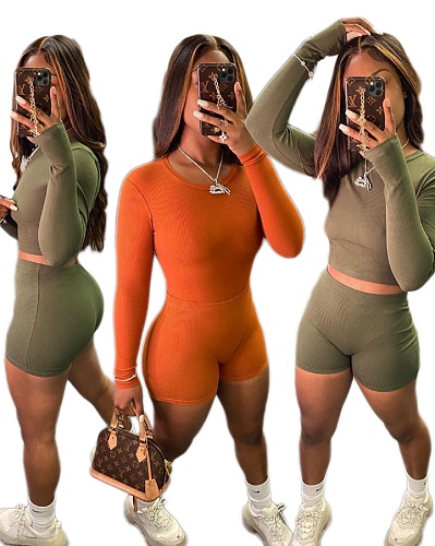 Leisure Pit Fabric Long-sleeved T-shirt Shorts Two-piece Set MK-3013
