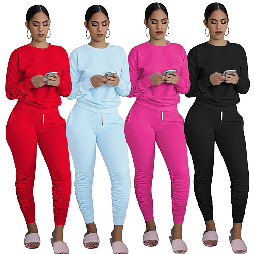 Solid Color Pleated Long Sleeve Trousers Casual Two-piece Set TE-4073