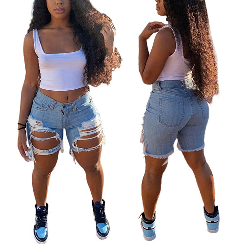 Fashion Slim Wash Hand Worn Out Denim Shorts HSF-2296
