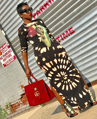 Loose-Fitting Patterned Round Neck Long Sleeves Dress FSX-65