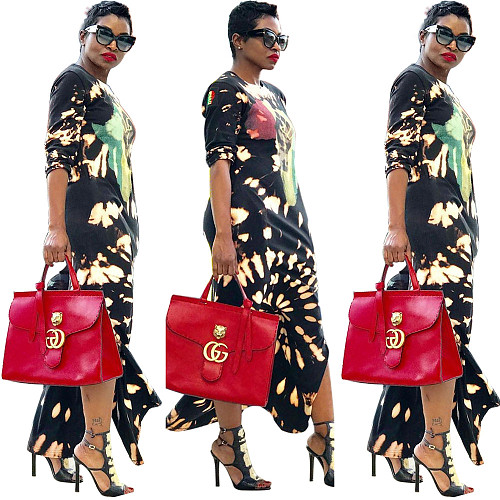 Loose-Fitting Patterned Round Neck Long Sleeves Dress FSX-65
