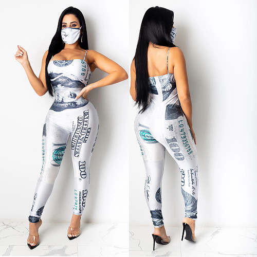 Us Dollar Printed High-Waisted Jumpsuit With Mask CHY-1246
