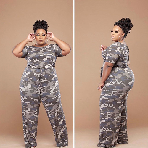 Plus Size Camo Print Casual Wide-Leg Jumpsuit OSS-20779