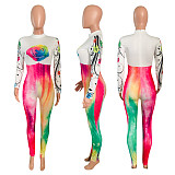 Flower Positioning Printed Long Sleeve Sport Slim Jumpsuit NIK-151