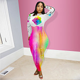 Flower Positioning Printed Long Sleeve Sport Slim Jumpsuit NIK-151