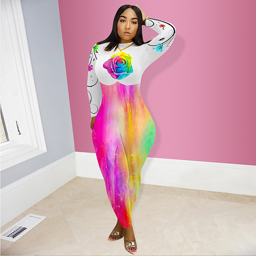 Flower Positioning Printed Long Sleeve Sport Slim Jumpsuit NIK-151