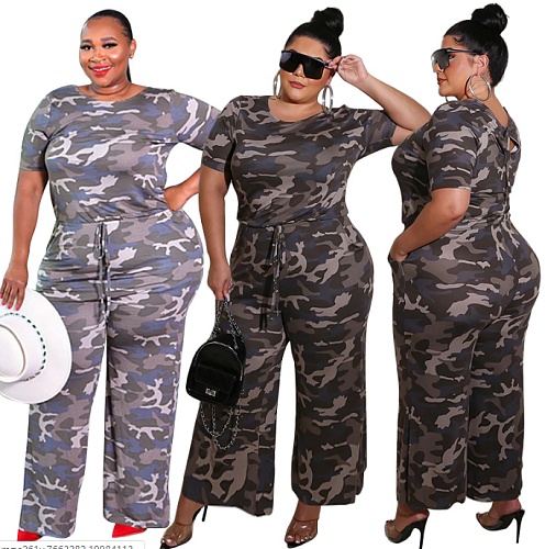 Plus Size Camo Print Casual Wide-Leg Jumpsuit OSS-20779
