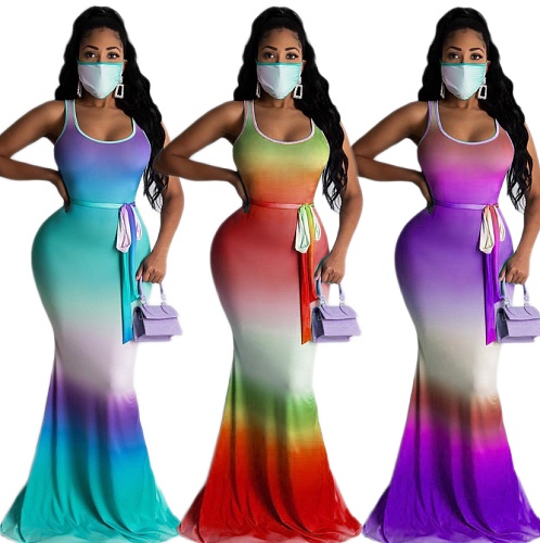 Colorful Gradient Print Hollowed-out Floor-length Dress MK-3015