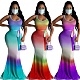 Colorful Gradient Print Hollowed-out Floor-length Dress MK-3015