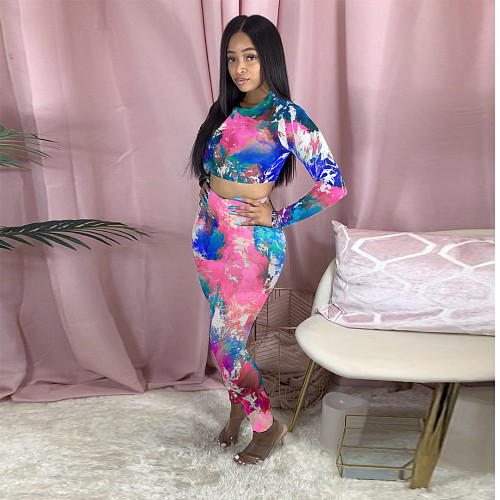 Tie-dye Bare-waisted T-shirts Sweatpants Two-piece Set ABL-4026