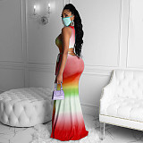 Colorful Gradient Print Hollowed-out Floor-length Dress MK-3015